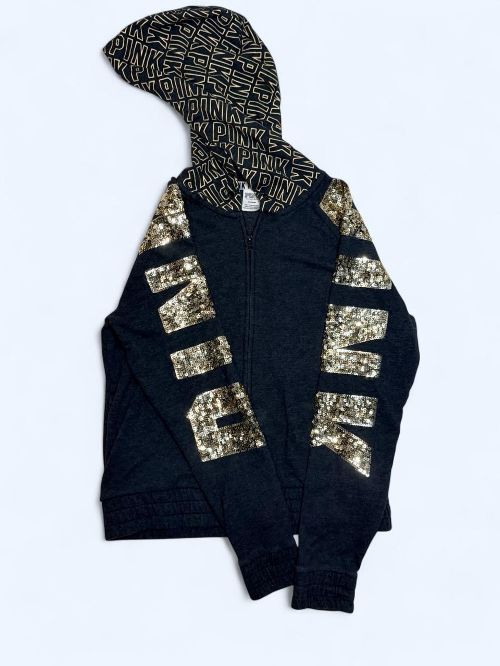 Victoria's Secret Black Zip Hoodie with Gold Sequin Accents